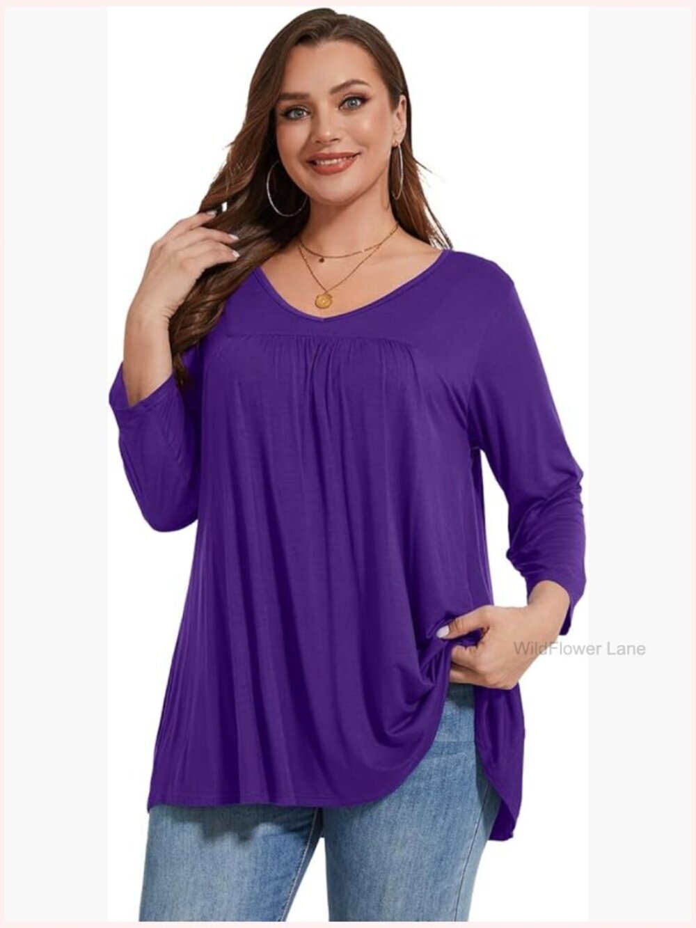 Women's Plus Size 3/4 Sleeve Tunic Top V-Neck Pleated Tee Loose Fit
